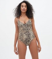 New Look Light Brown Leopard Print Diamante Trim Belted Swimsuit